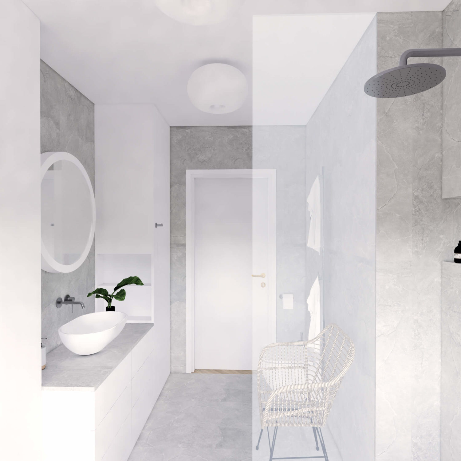 Projekt wnętrza - łazienka w mieszkaniu 71 m2 Projekt wnętrza mieszkania wraz z nadzorem nad realizacją. Łazienka w mieszkaniu 71 m2. Założeniem projektu jest prosta, spokojna przestrzeń w stonowanych kolorach. Ponad połowę łazienki wypełniają wygodna, duża wanna i obszerny prysznic typu walk-in. Mimo to jest tu dużo miejsca do przechowywania. Łazienka jest bardzo minimalistyczna – mamy tu tylko trzy kolory: biel mebli, szarość strukturalnych płytek i chrom na armaturze. Rattanowy fotel i zieleń w różnych zakątkach ocieplają wnętrze.