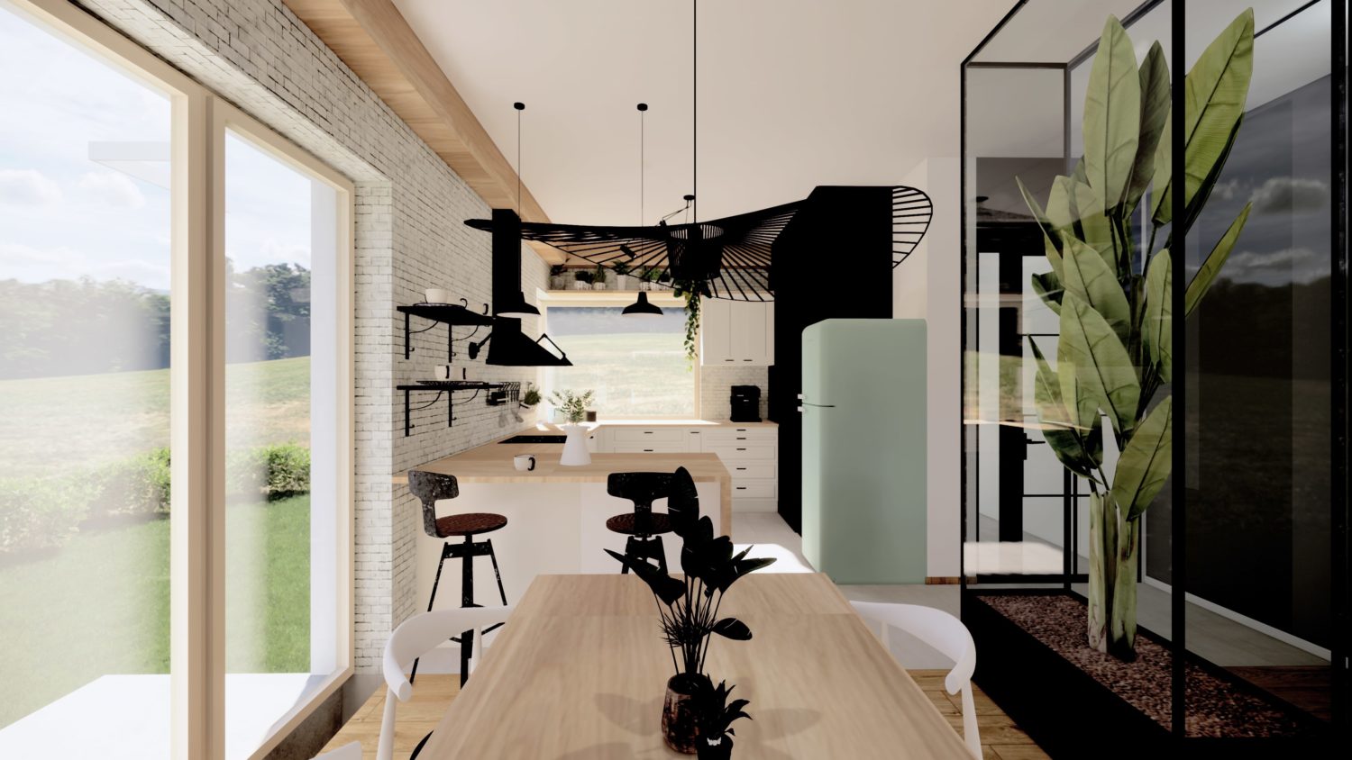 Piętrowy dom o bardzo wygodnym rozkładzie dla rodziny. Jasne wnętrza z elementami loftowymi i drewnem.